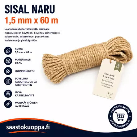 Sisalnaru 1,5mm / 60m - Narut ja köydet - 6438159247177 - 1
