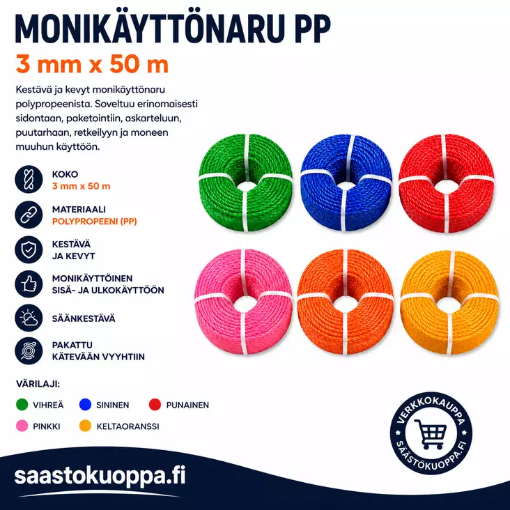Monikäyttönaru PP 3mm 50m sin. - Narut ja köydet - 6438159247047 - 1