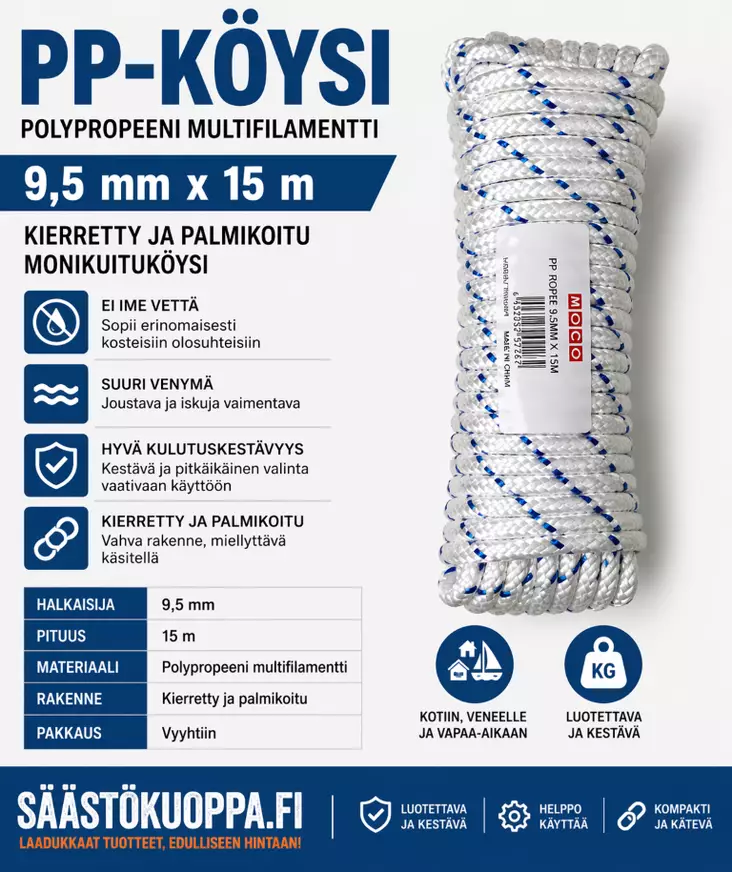 Polypropeeni köysi 9,5mm X 15m - Veneilytarvikkeet - 6438159022057 - 1