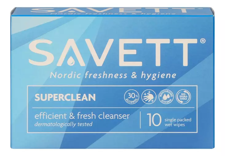 Savett Superclean kosteuspyyhe 10kpl - Desifiointi ja laastarit - 7310613025257 - 1