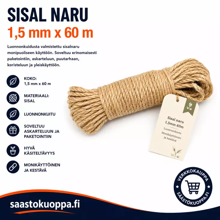 Sisalnaru 1,5mm / 60m - Narut ja köydet - 6438159247177 - 1
