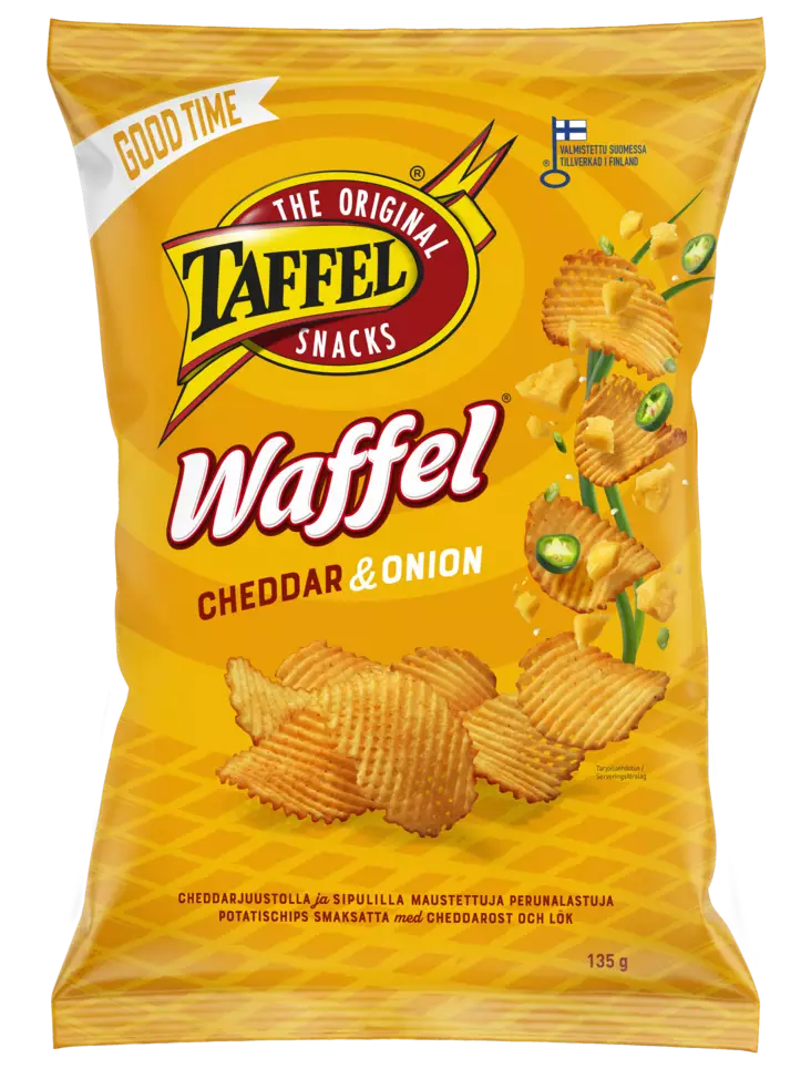 Taffel Waffel Cheddar&onion 135g - Sipsit, snacksit ja pähkinät - 6410380052027 - 1