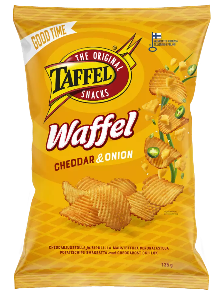 Taffel Waffel Cheddar&onion 135g - Sipsit, snacksit ja pähkinät - 6410380052027 - 1
