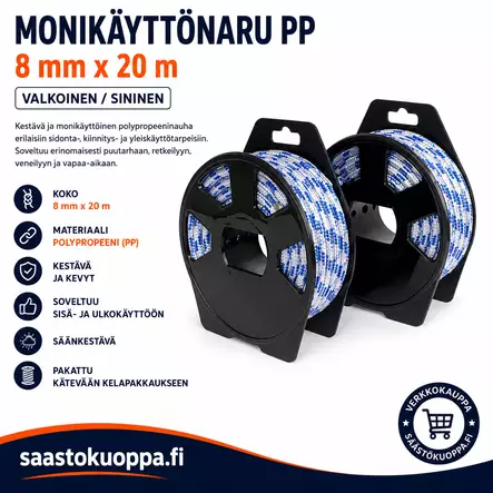 Monikäyttönaru PP 8mm 20m valk/sin - Narut ja köydet - 6438159115278 - 1