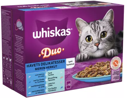 Whiskas 1+ Duo Meren Herkut 12x85g - Kissan märkäruoat - 4008429156038 - 2