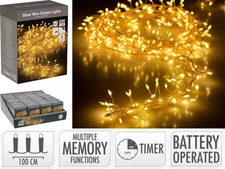 Hopealanka 100led cluster paristokäyttö - Led-kynttilät - 8721037202848 - 1