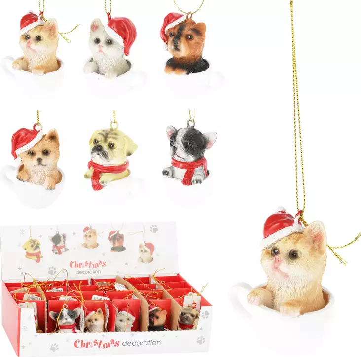 Joulu kissa/koira kupissa roikkuva - Joulukoristeet - 8721037089418 - 1