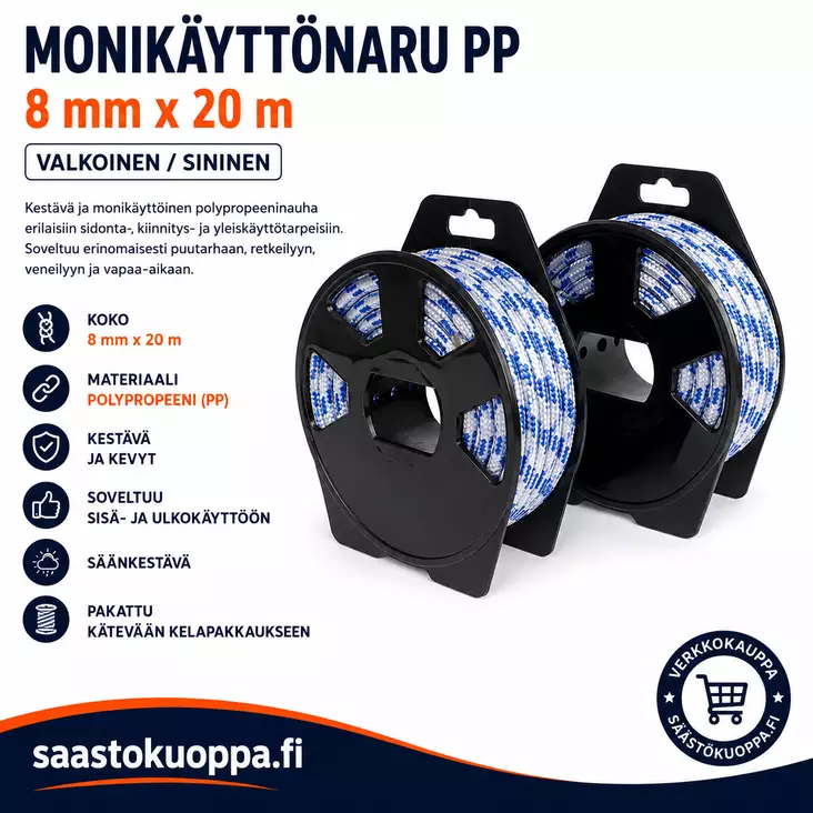 Monikäyttönaru PP 8mm 20m valk/sin - Narut ja köydet - 6438159115278 - 1