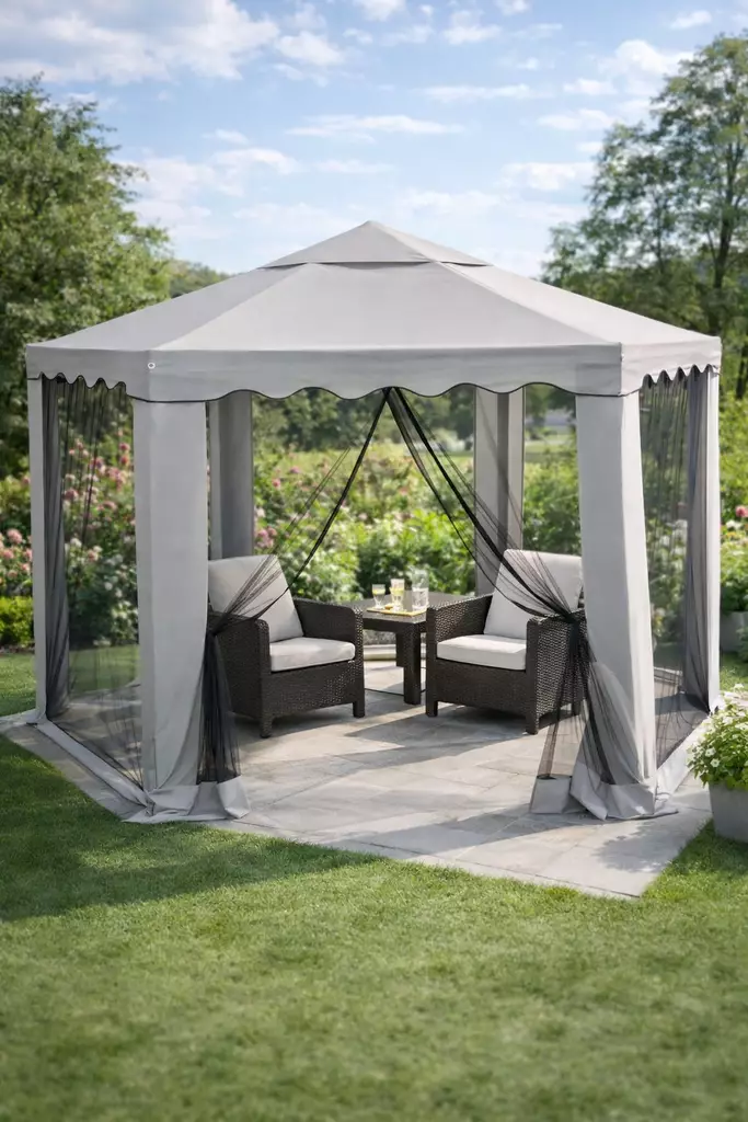 Paviljonki 6-kulmainen harmaa 2x2x2m hyönteisverhoilla - Paviljongit,katokset ja näkösuojat - 6438168065298 - 1