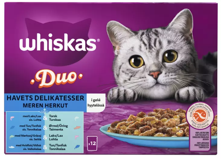 Whiskas 1+ Duo Meren Herkut 12x85g - Kissan märkäruoat - 4008429156038 - 1