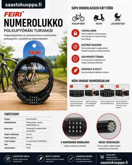 Polkupyörän numerolukko 10X650mm - Lukot - 6438159095389 - 1