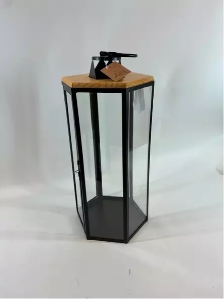 Kynttilälyhty kantikas teräs/puu 55cm - Ulko- ja sisälyhdyt - 6438159729079 - 1
