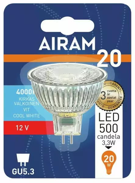 Led-kohdelamppu Airam MR16 230lm GU5.3 12V 4000K - Spottivalot - 6435200264619 - 2