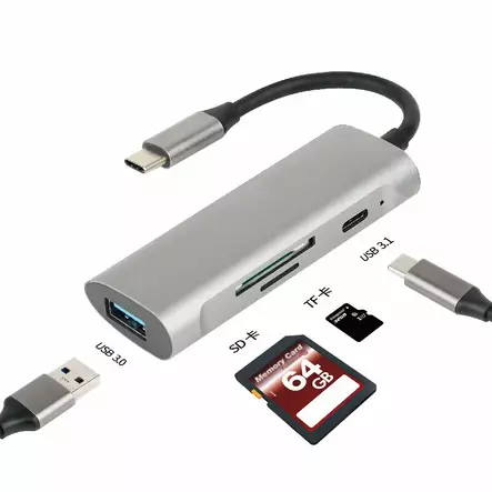 Mobia adapteri USB-C -> USB-C + USB-A + MicroSD/TF/SD - Puhelintarvikkeet ja laturit - 6430076525079 - 2
