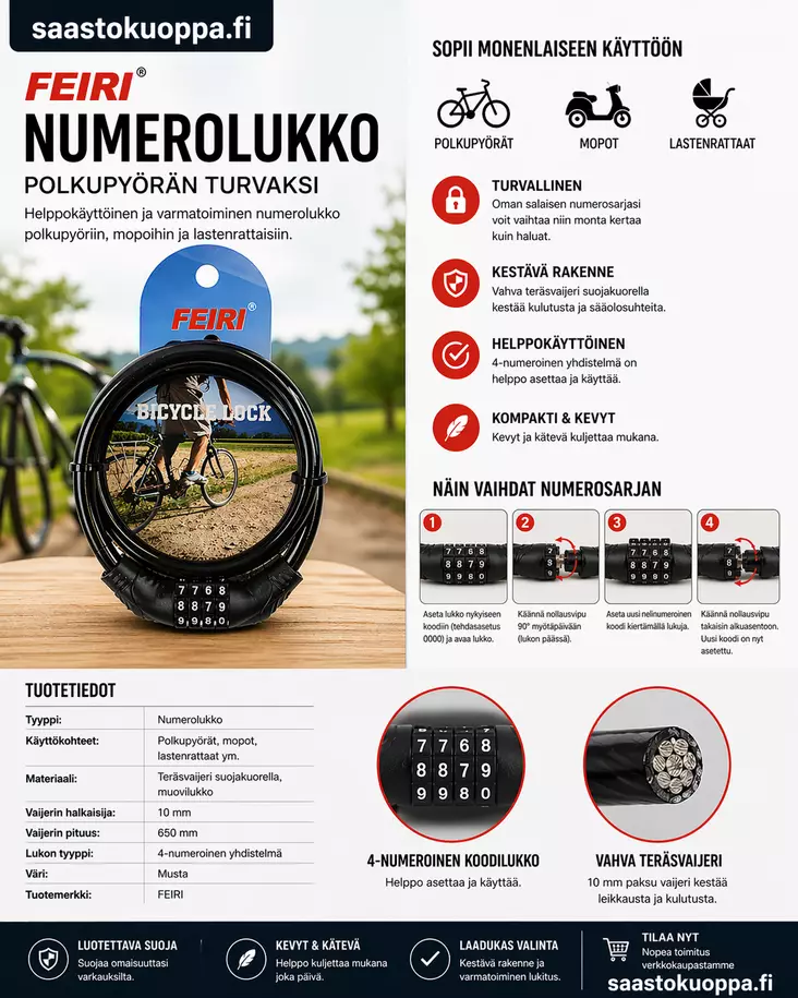 Polkupyörän numerolukko 10X650mm - Lukot - 6438159095389 - 1