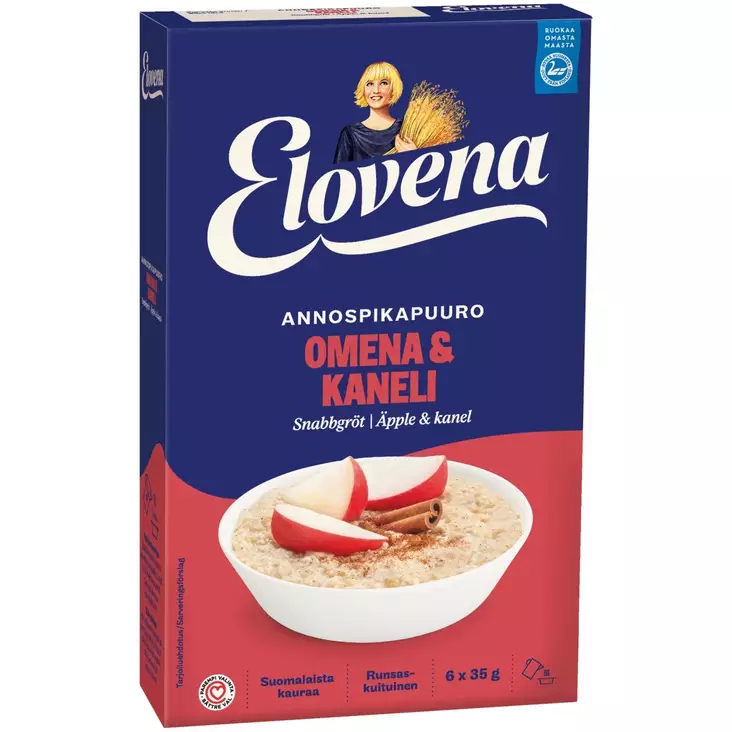 Elovena 6x35g annospikapuuro omena-kanel - Murot, myslit ja hiutaleet - 6416597414139 - 1