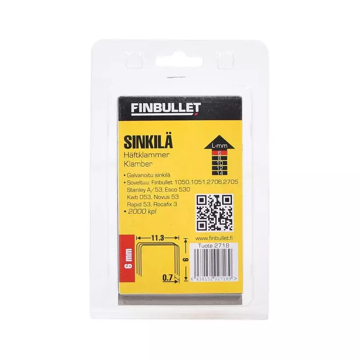 Finbullet Sinkiläniitti 53 6 mm 2000 kpl koko 11.3 x 0.7 x 6 mm - Niitit - 6438152027189 - 1