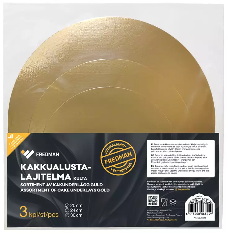 Fredman kakkualusta laj. kulta 3kpl - Leivontavuoat ja kakkupaperit - 6418400068249 - 1