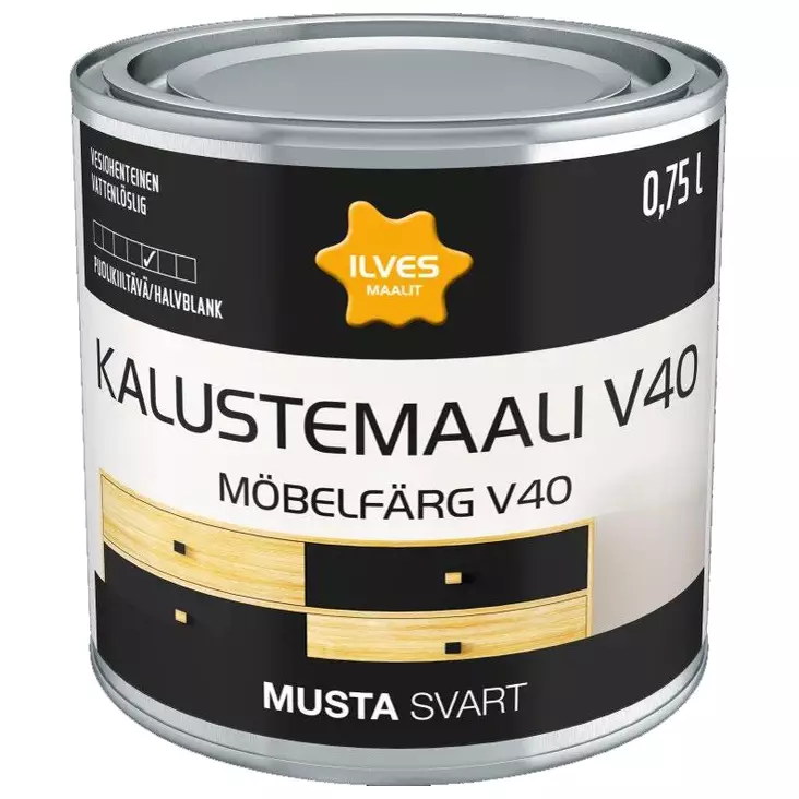 Ilves Kalustemaali V40 Musta 0,75L - Kalustemaalit ja ikkuna/ovimaalit - 6430026954539 - 1