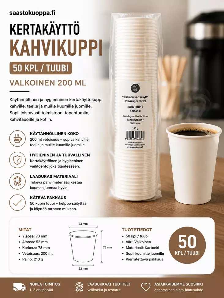 Kertakäyttö kahvikuppi valkoinen 50KPL - Kertakäyttömukit - 6438159074599 - 1