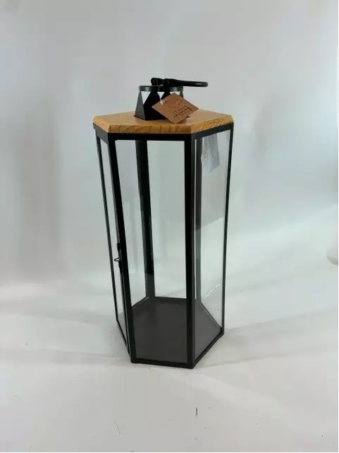 Kynttilälyhty kantikas teräs/puu 55cm - Ulko- ja sisälyhdyt - 6438159729079 - 1