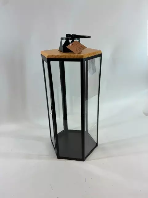 Kynttilälyhty kantikas teräs/puu 55cm - Ulko- ja sisälyhdyt - 6438159729079 - 1