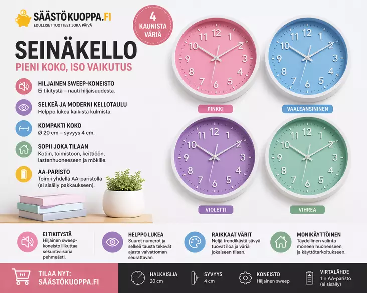 Seinäkello 20x4cm värilajitelma - Seinäkellot - 6438506012199 - 1