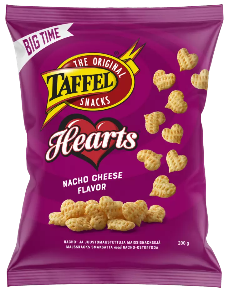 Taffel Hearts nacho cheese flavor 200g - Sipsit, snacksit ja pähkinät - 6410380049669 - 1