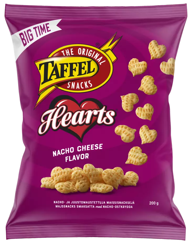 Taffel Hearts nacho cheese flavor 200g - Sipsit, snacksit ja pähkinät - 6410380049669 - 1