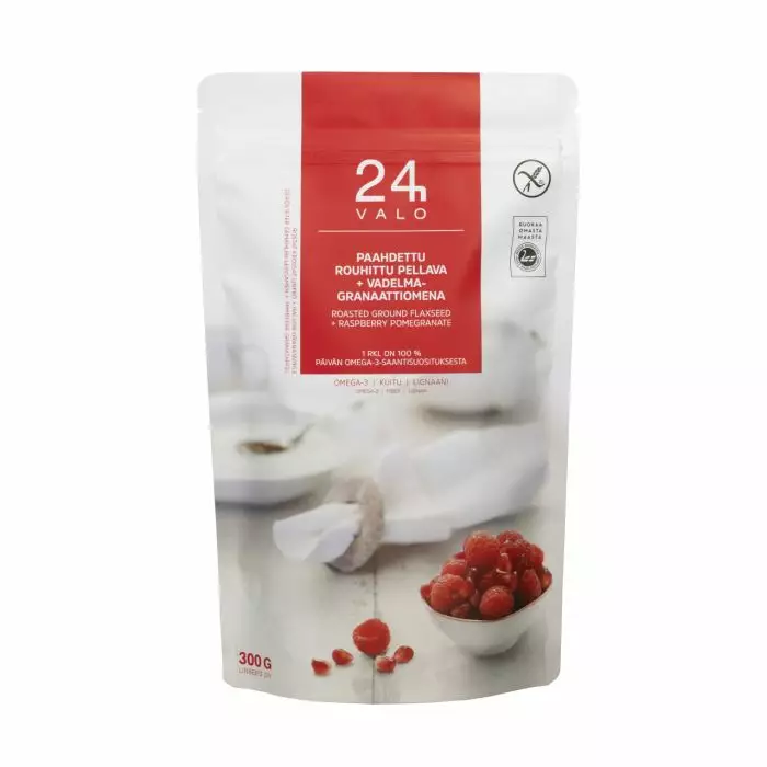 VALO24h Paahdettu rouhittu pellava + vadelma-granaattiomena 300g - Murot, myslit ja hiutaleet - 6430041318019 - 1